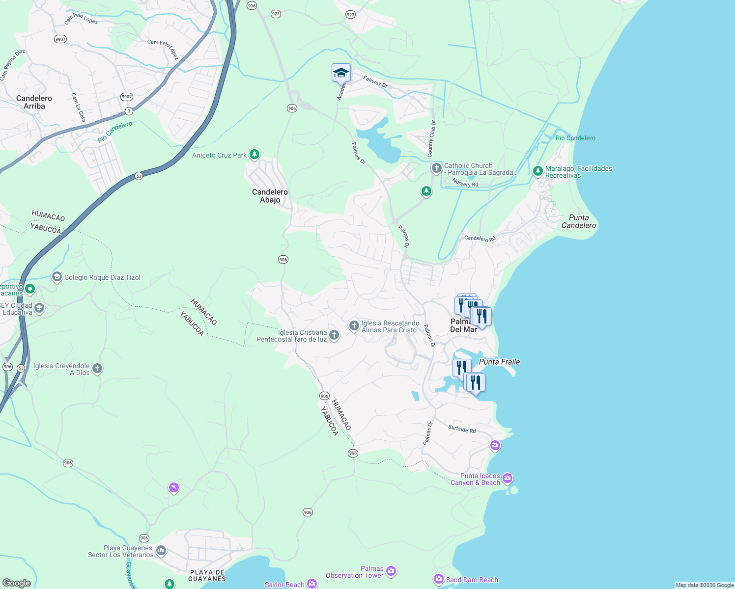 map of restaurants, bars, coffee shops, grocery stores, and more near Twilight Street in Palmas del Mar