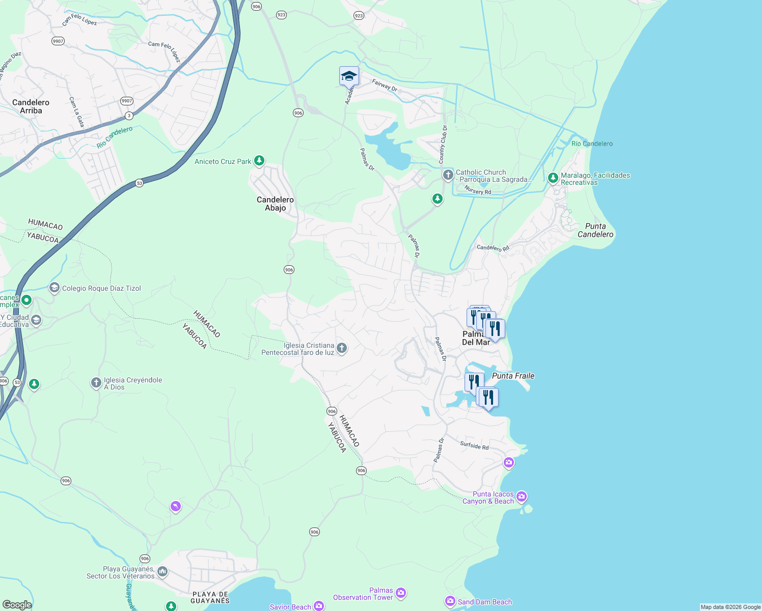 map of restaurants, bars, coffee shops, grocery stores, and more near Twilight Street in Humacao