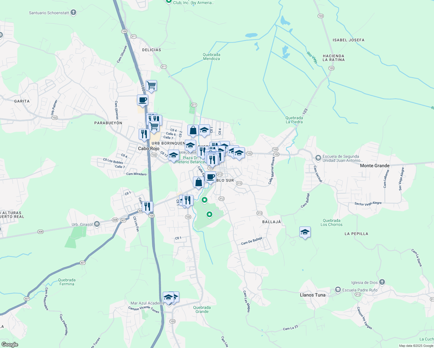 map of restaurants, bars, coffee shops, grocery stores, and more near 42-68 Calle Mariano Quiñones in Cabo Rojo