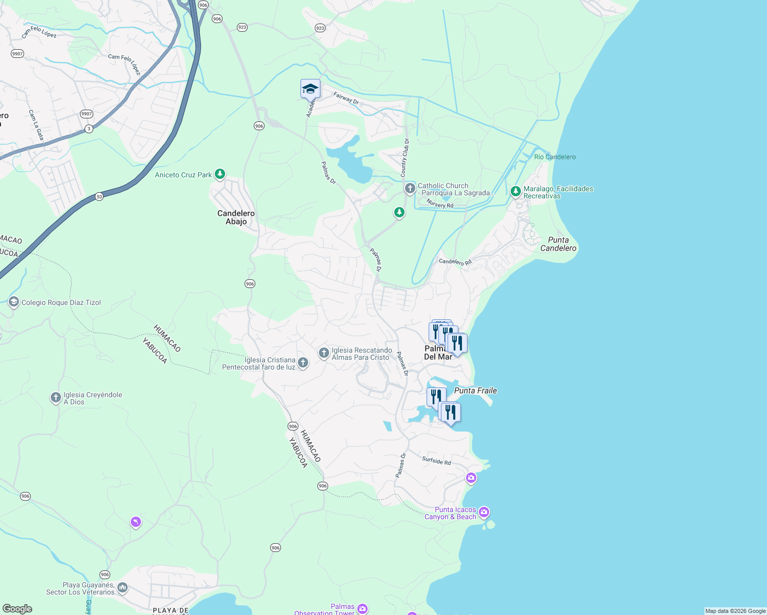 map of restaurants, bars, coffee shops, grocery stores, and more near Palmas Drives in Humacao