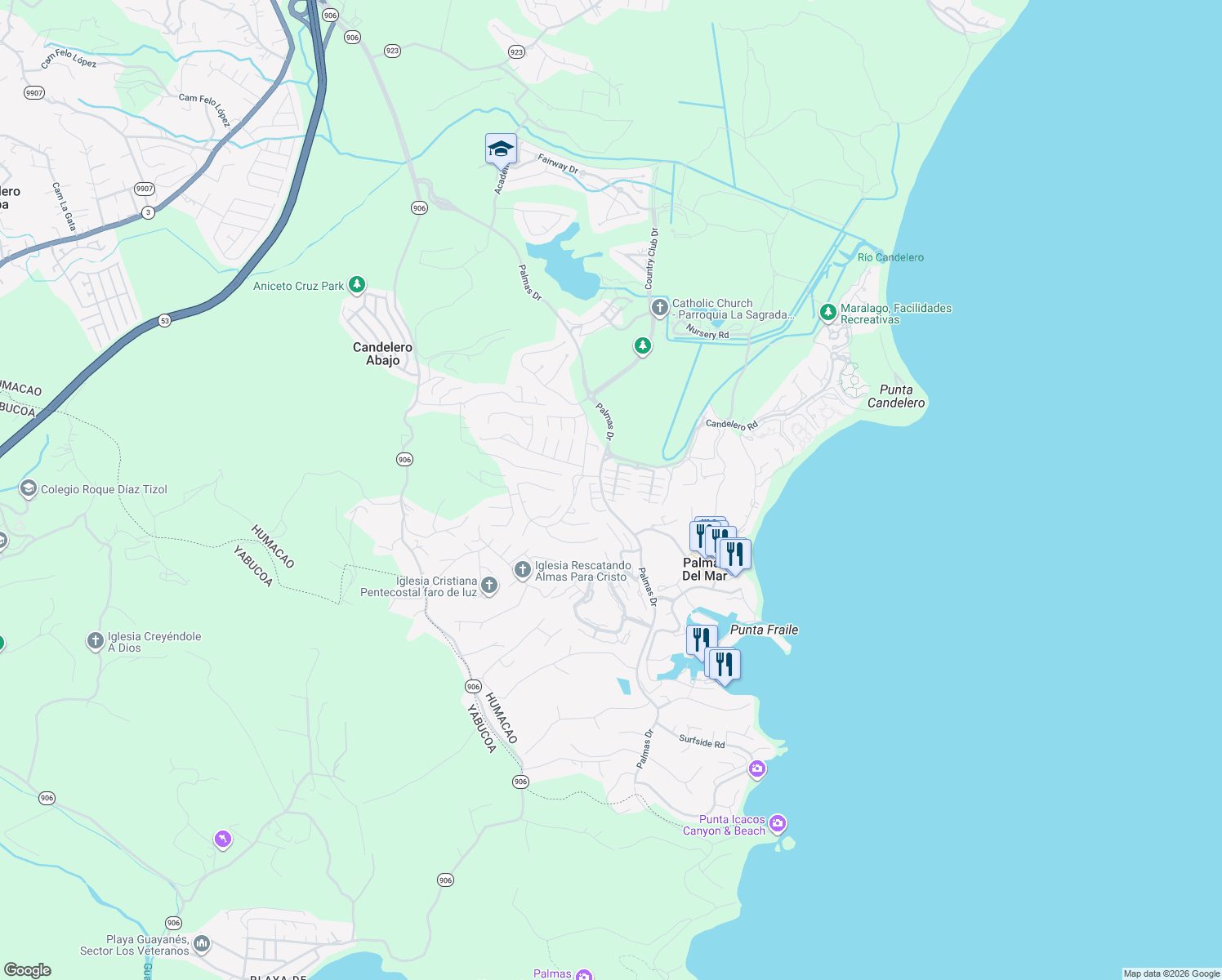 map of restaurants, bars, coffee shops, grocery stores, and more near in Humacao