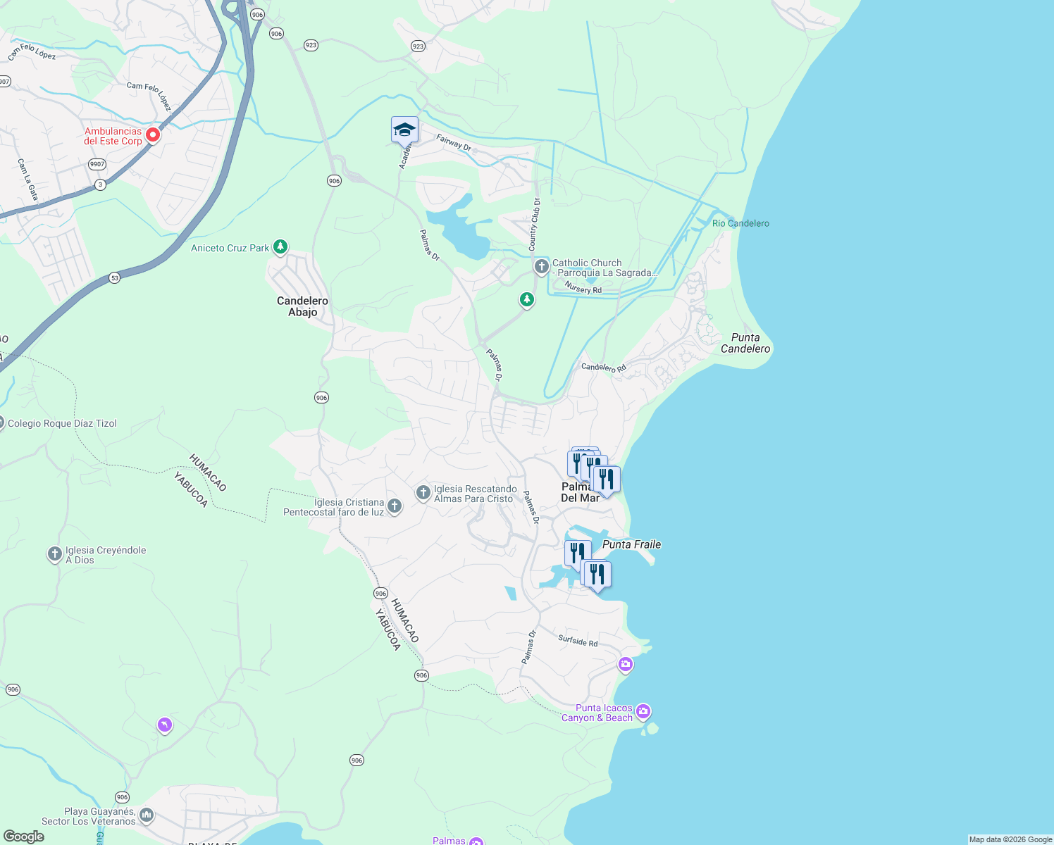 map of restaurants, bars, coffee shops, grocery stores, and more near Candelero Rd in Humacao