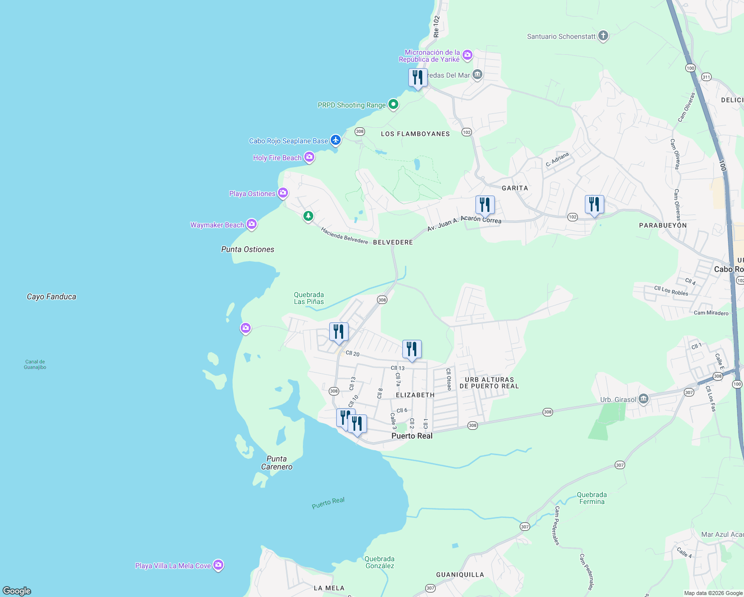 map of restaurants, bars, coffee shops, grocery stores, and more near Puerto Rico 308 in Cabo Rojo