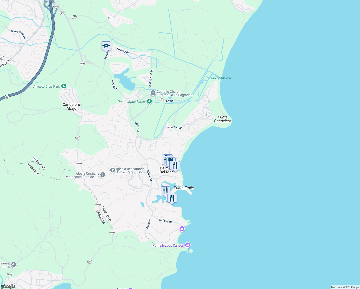 map of restaurants, bars, coffee shops, grocery stores, and more near Beach Village in Humacao