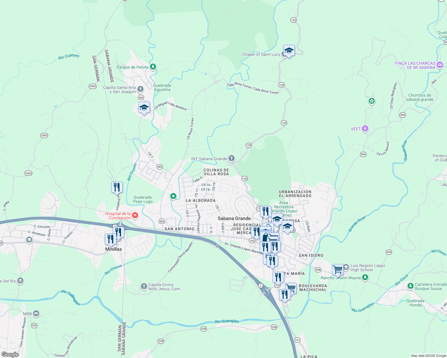 map of restaurants, bars, coffee shops, grocery stores, and more near in Sabana Grande