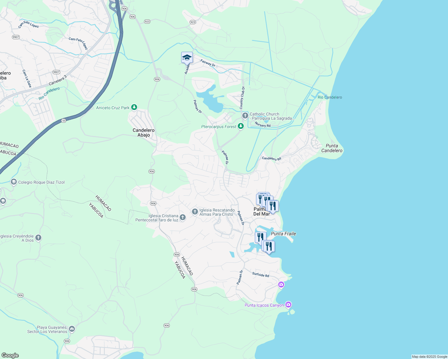 map of restaurants, bars, coffee shops, grocery stores, and more near in Candelero Abajo