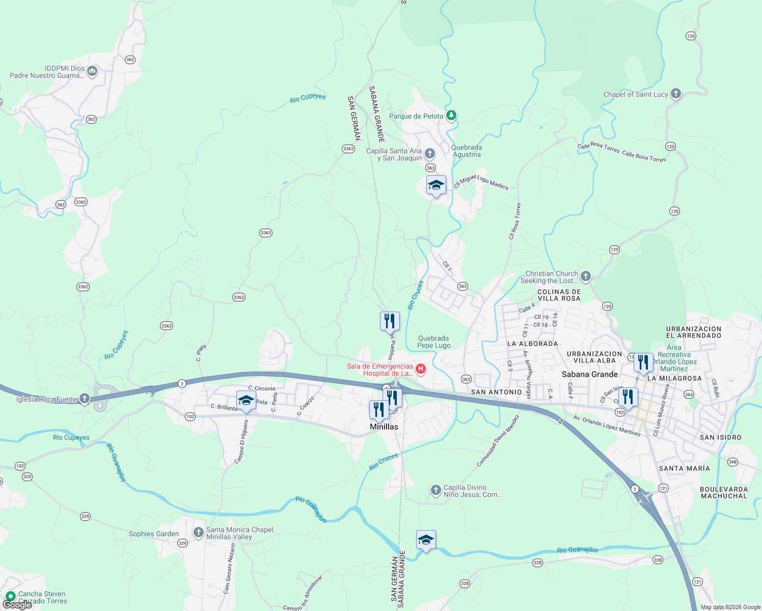 map of restaurants, bars, coffee shops, grocery stores, and more near in San Germán