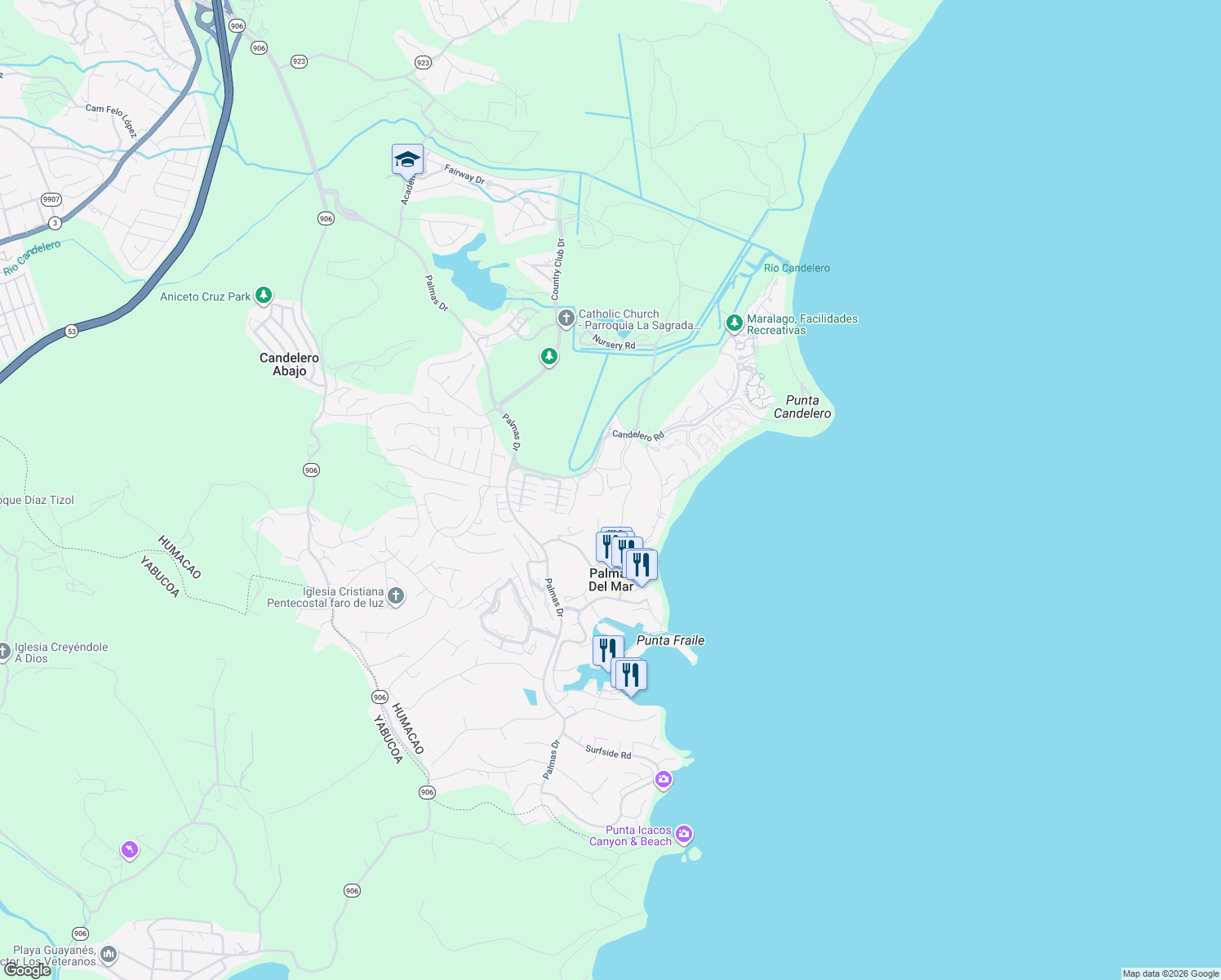 map of restaurants, bars, coffee shops, grocery stores, and more near Montesol Drive in Humacao