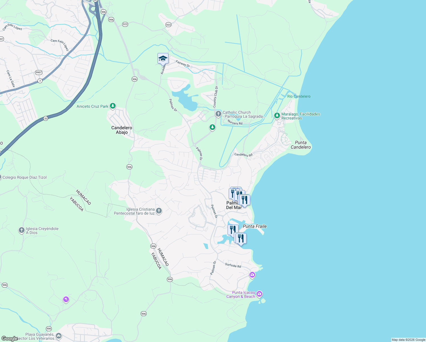 map of restaurants, bars, coffee shops, grocery stores, and more near Candelero Rd in Humacao