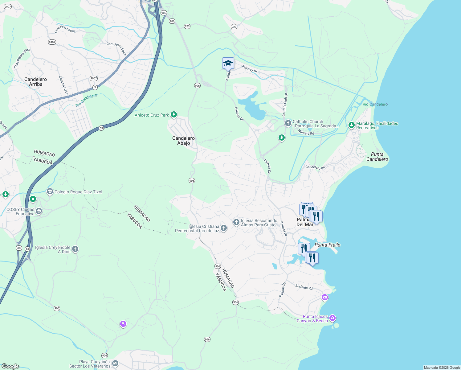 map of restaurants, bars, coffee shops, grocery stores, and more near in Palmas del Mar