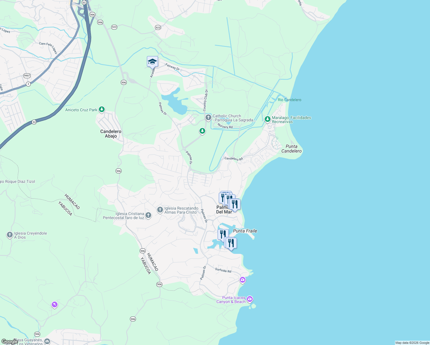 map of restaurants, bars, coffee shops, grocery stores, and more near Montesol Dr in Humacao