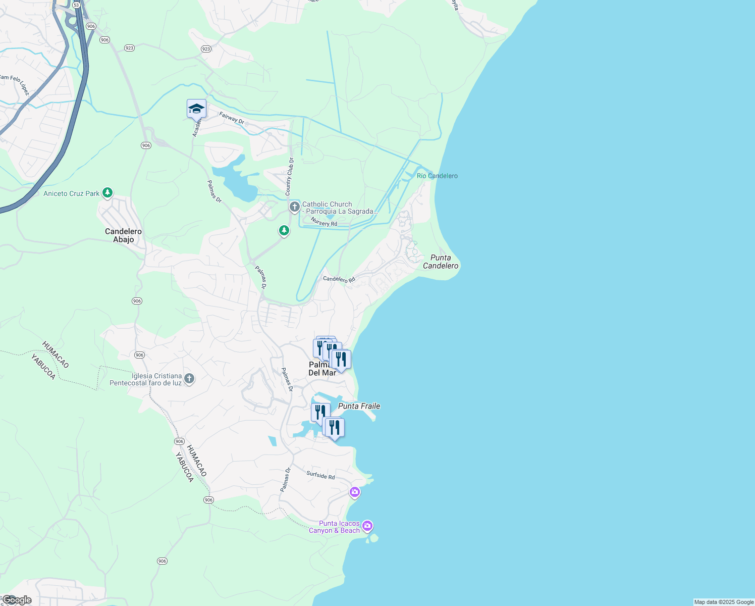 map of restaurants, bars, coffee shops, grocery stores, and more near 170 Candelero Drive in Humacao