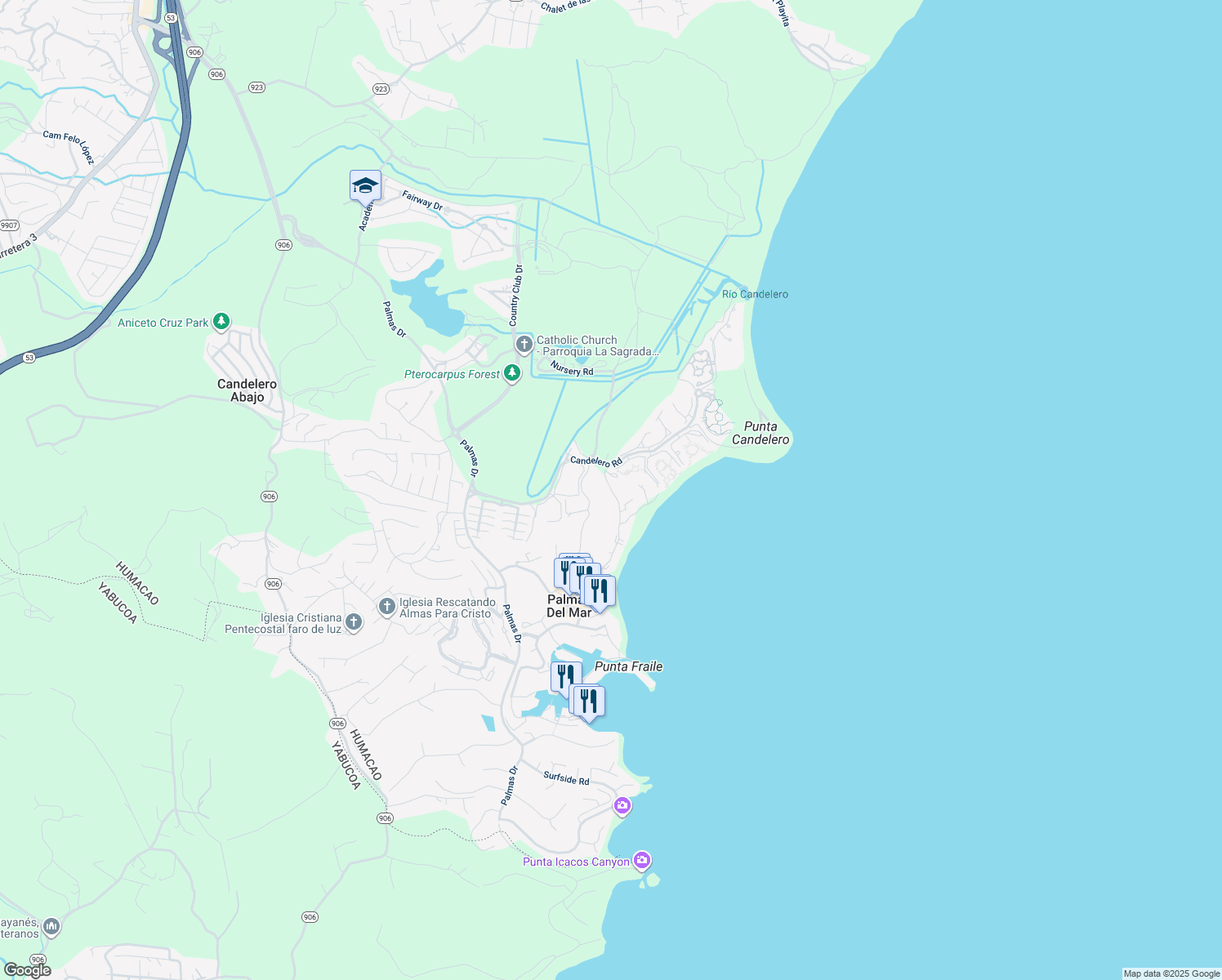 map of restaurants, bars, coffee shops, grocery stores, and more near Beach Village in Humacao