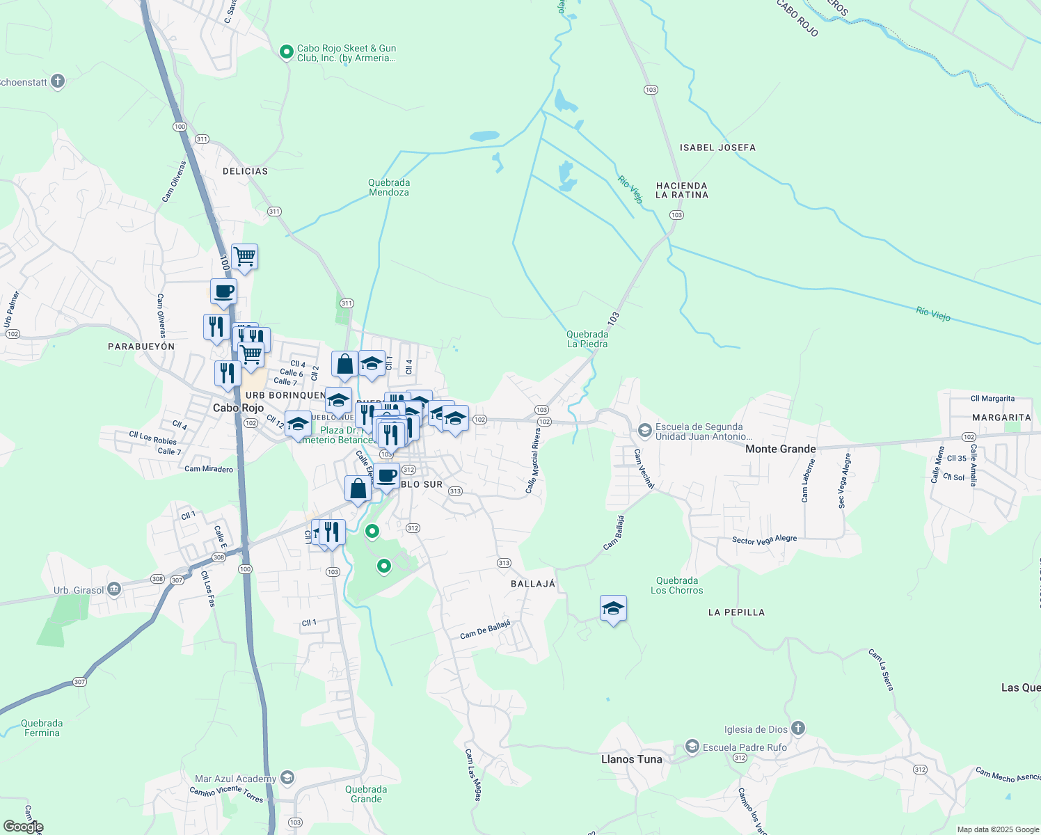 map of restaurants, bars, coffee shops, grocery stores, and more near 623 Puerto Rico 102 in Cabo Rojo