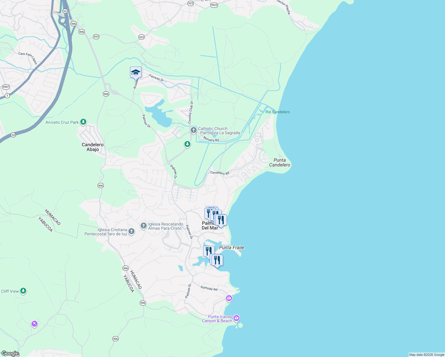 map of restaurants, bars, coffee shops, grocery stores, and more near Beach Village in Humacao