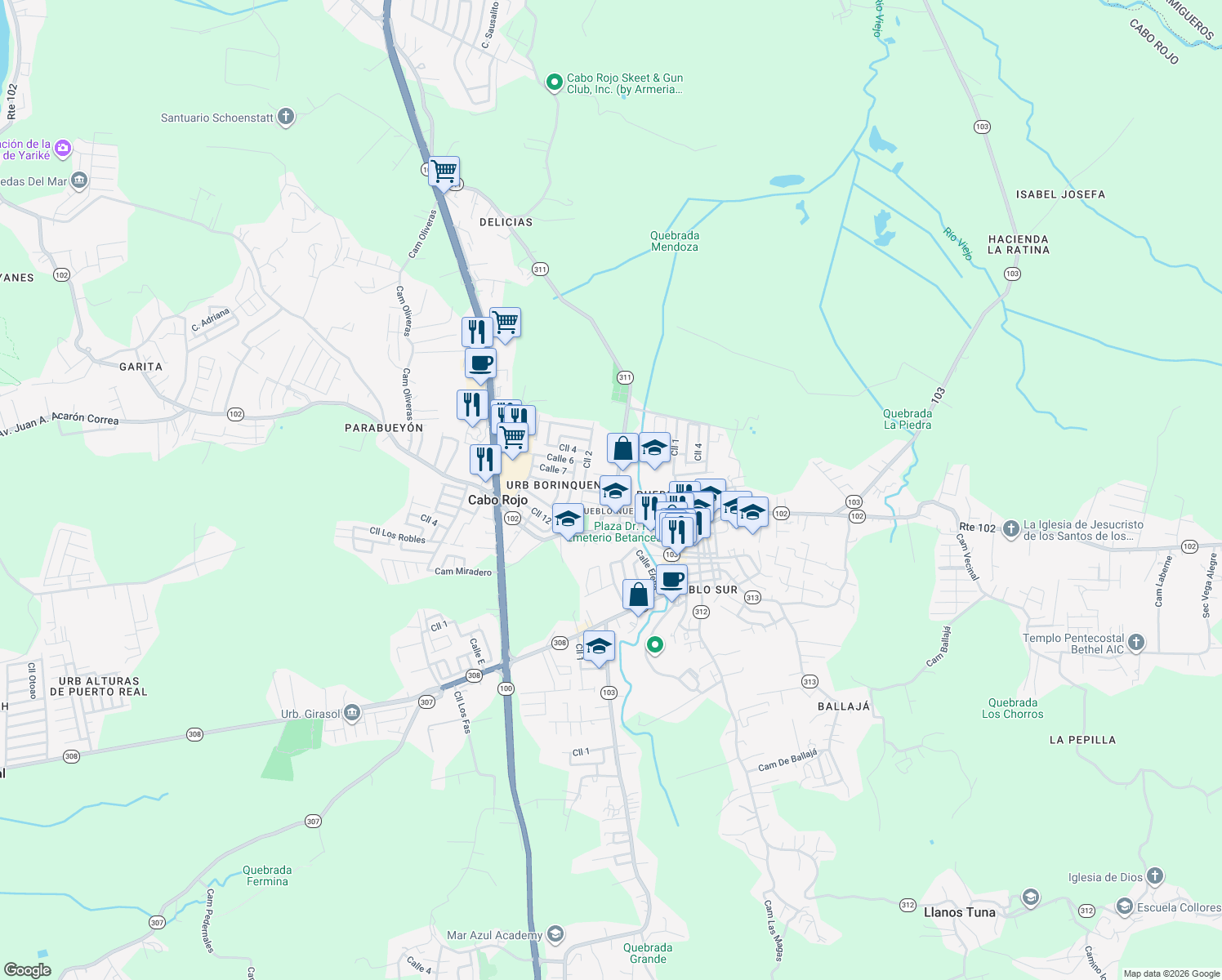 map of restaurants, bars, coffee shops, grocery stores, and more near in Cabo Rojo