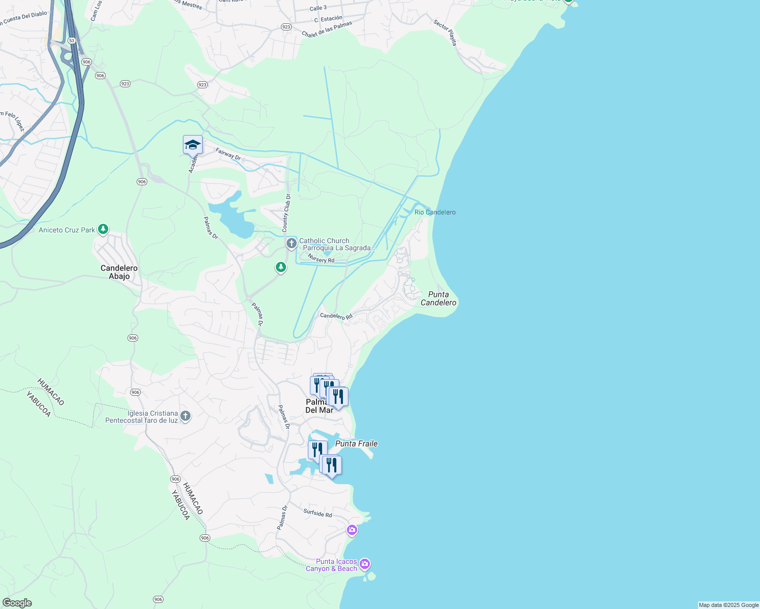 map of restaurants, bars, coffee shops, grocery stores, and more near 170 Candelero Drive in Humacao