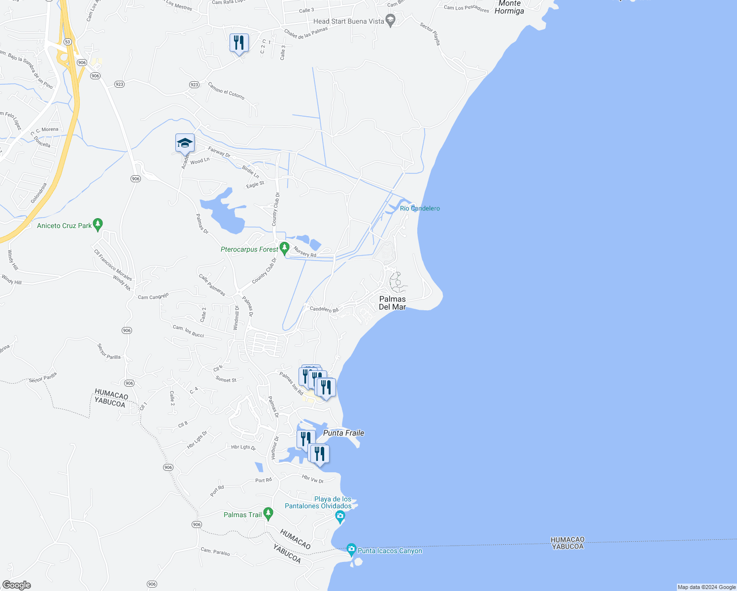 map of restaurants, bars, coffee shops, grocery stores, and more near in Palmas del Mar