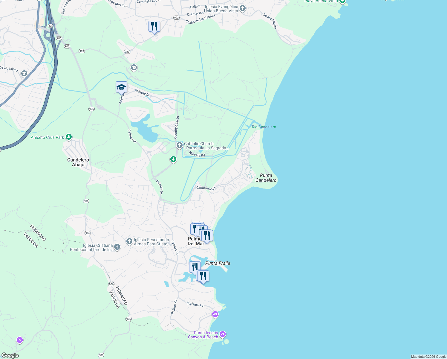 map of restaurants, bars, coffee shops, grocery stores, and more near Candelero Rd in Humacao