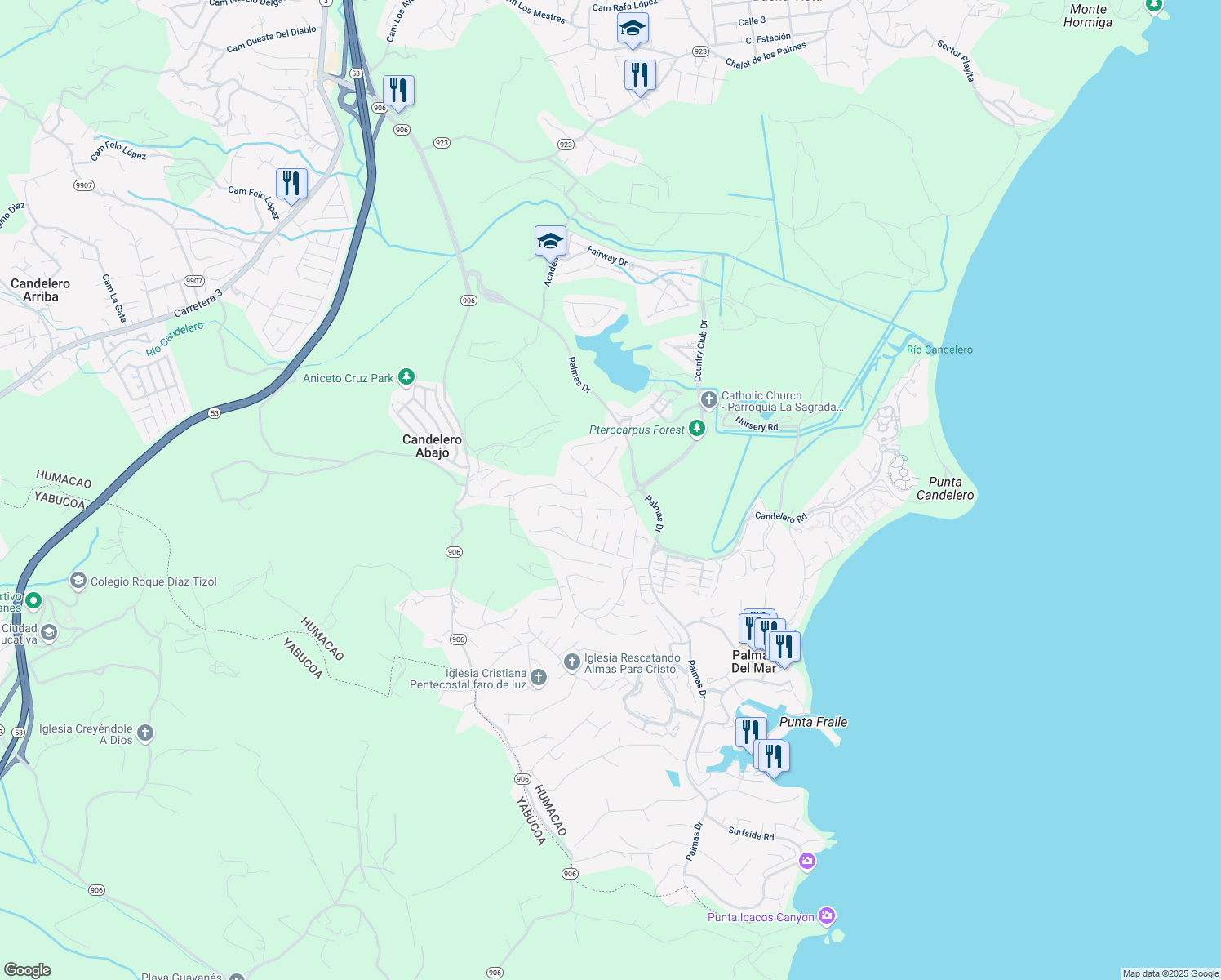 map of restaurants, bars, coffee shops, grocery stores, and more near Calle Palmeras in Humacao