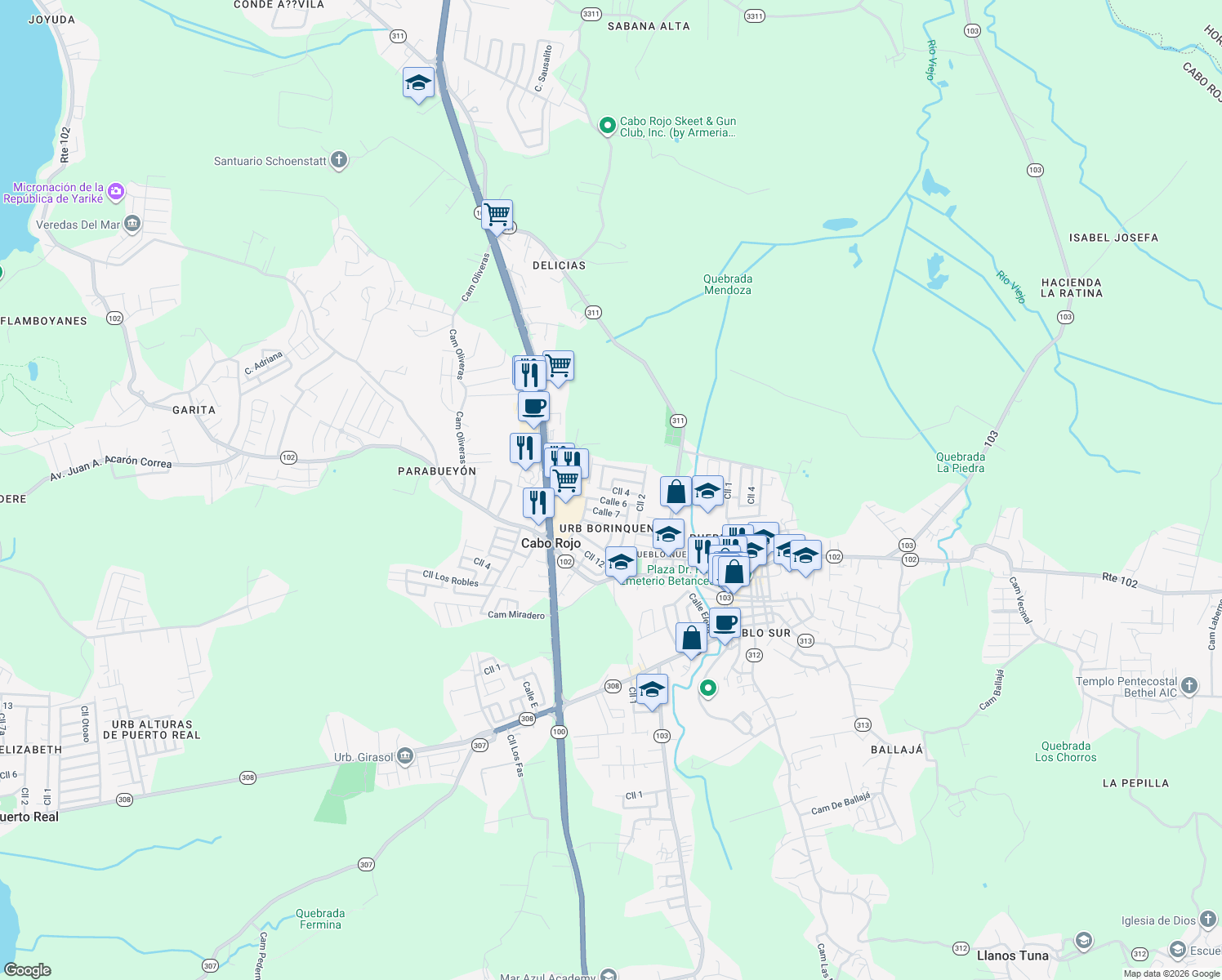 map of restaurants, bars, coffee shops, grocery stores, and more near Calle Rene Marquez in Cabo Rojo