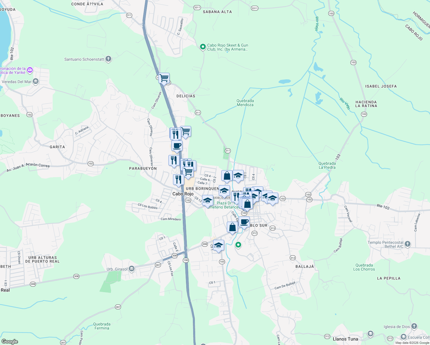 map of restaurants, bars, coffee shops, grocery stores, and more near Calle Rene Marquez in Cabo Rojo