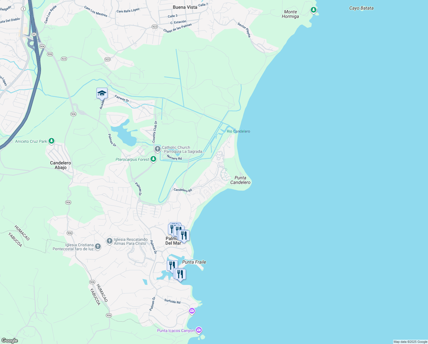 map of restaurants, bars, coffee shops, grocery stores, and more near Candelero Rd in Humacao