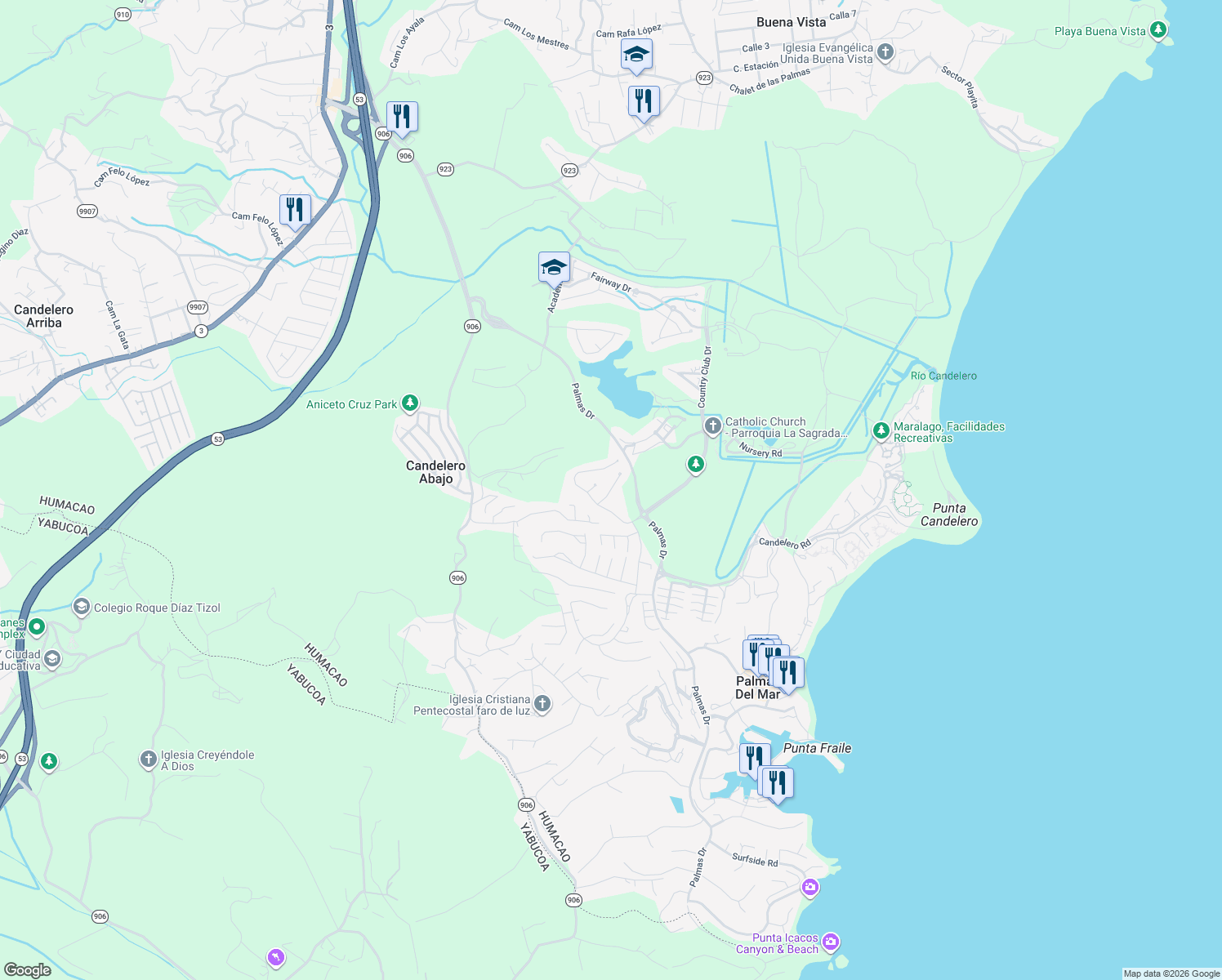 map of restaurants, bars, coffee shops, grocery stores, and more near Calle Playera in Humacao
