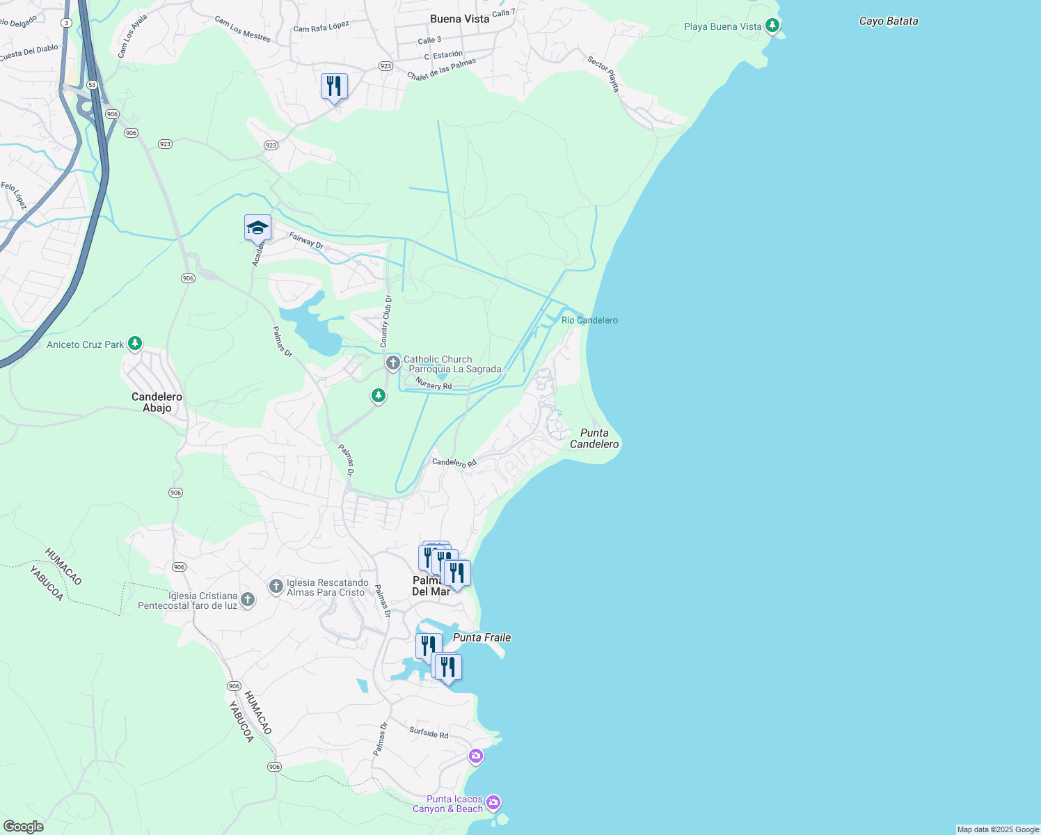 map of restaurants, bars, coffee shops, grocery stores, and more near Candelero Rd in Humacao