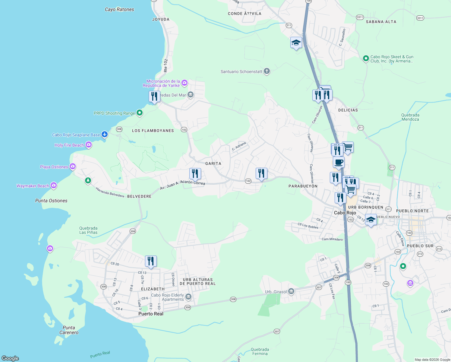 map of restaurants, bars, coffee shops, grocery stores, and more near 17 Puerto Rico 102 in Cabo Rojo