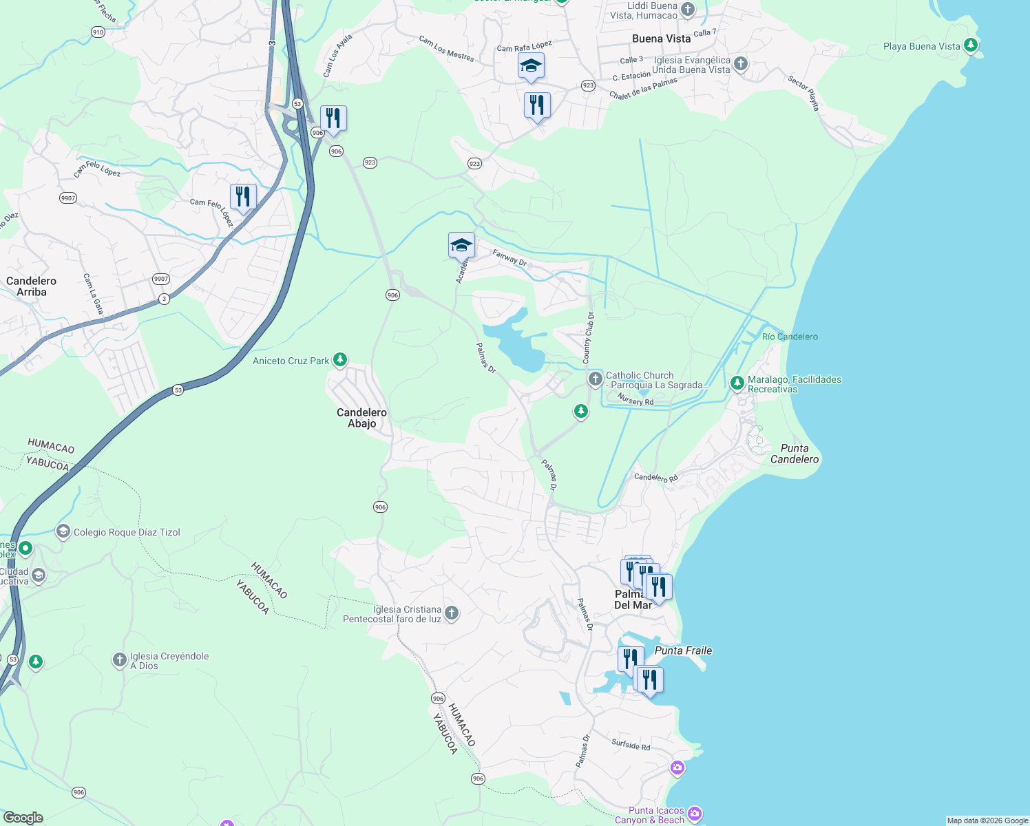 map of restaurants, bars, coffee shops, grocery stores, and more near Calle Playera in Humacao