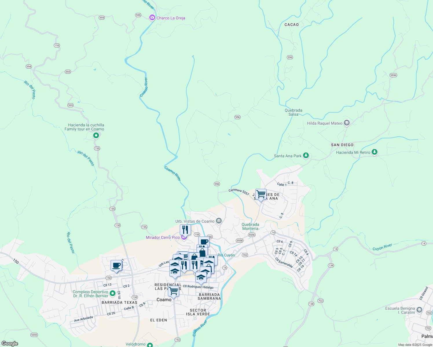 map of restaurants, bars, coffee shops, grocery stores, and more near Calle Ruiz Beluis in Coamo