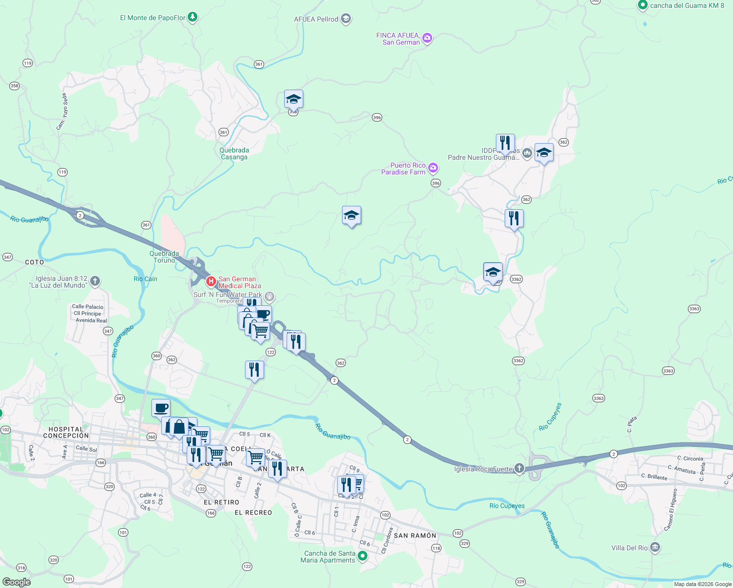 map of restaurants, bars, coffee shops, grocery stores, and more near in San Germán