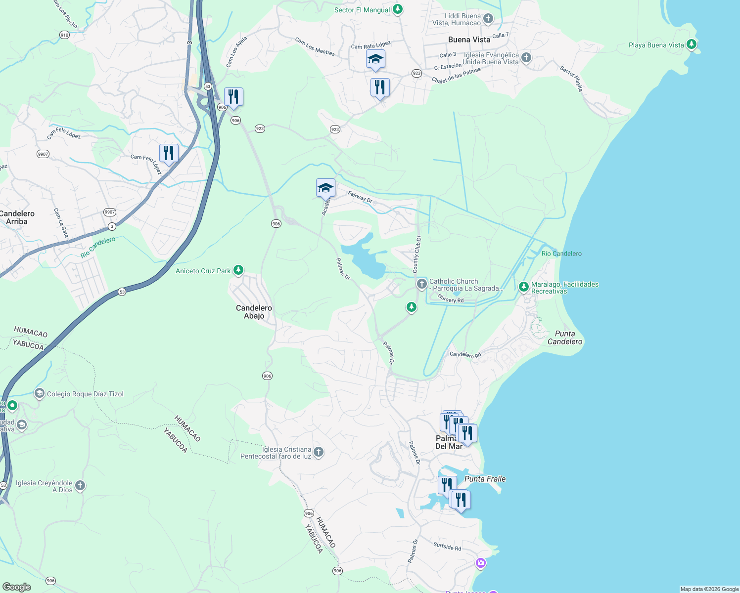 map of restaurants, bars, coffee shops, grocery stores, and more near Palmas Drives in Humacao
