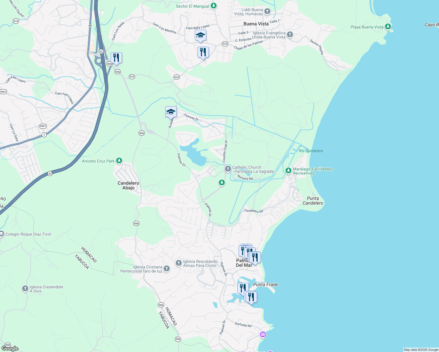 map of restaurants, bars, coffee shops, grocery stores, and more near Los Lagos Drive in Humacao