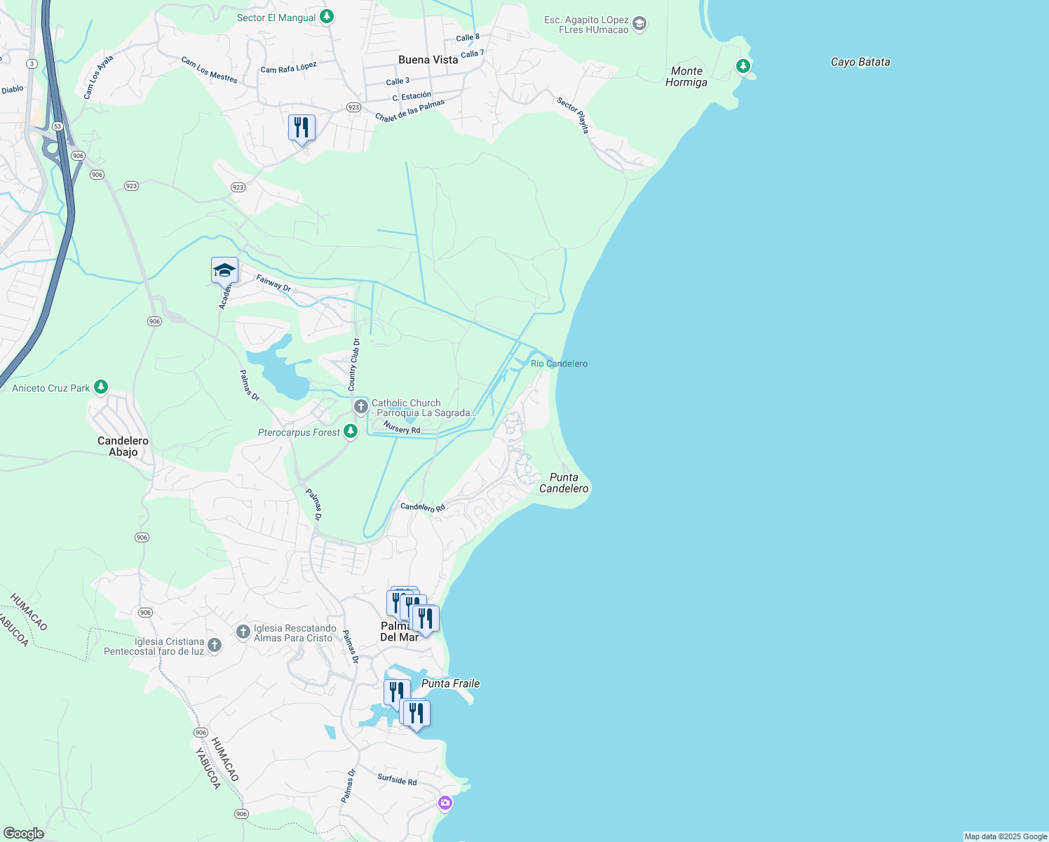 map of restaurants, bars, coffee shops, grocery stores, and more near Candelero Road in Humacao