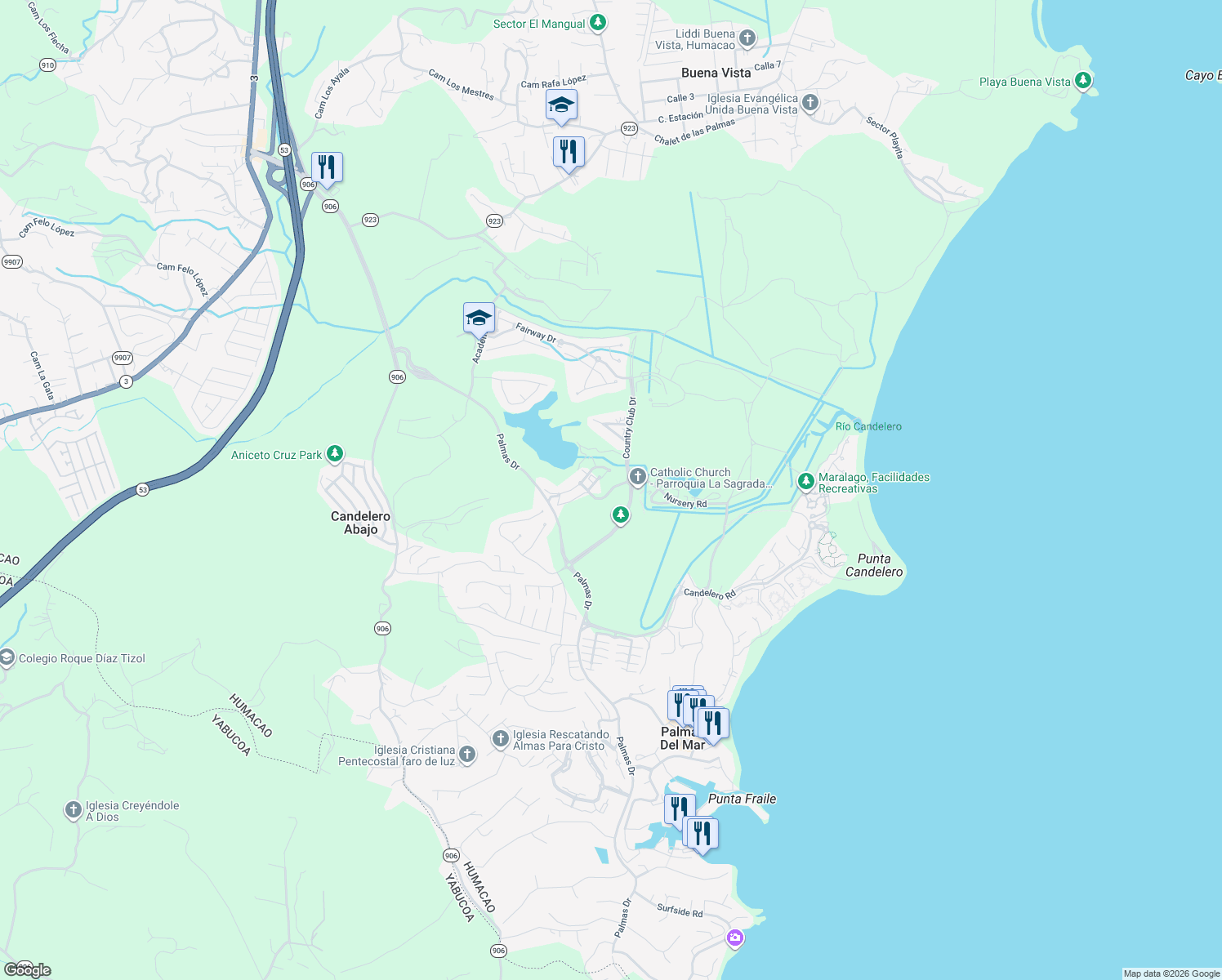 map of restaurants, bars, coffee shops, grocery stores, and more near Los Lagos Drive in Humacao