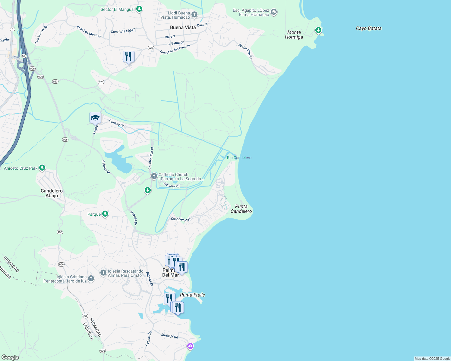 map of restaurants, bars, coffee shops, grocery stores, and more near Candelero Road in Humacao
