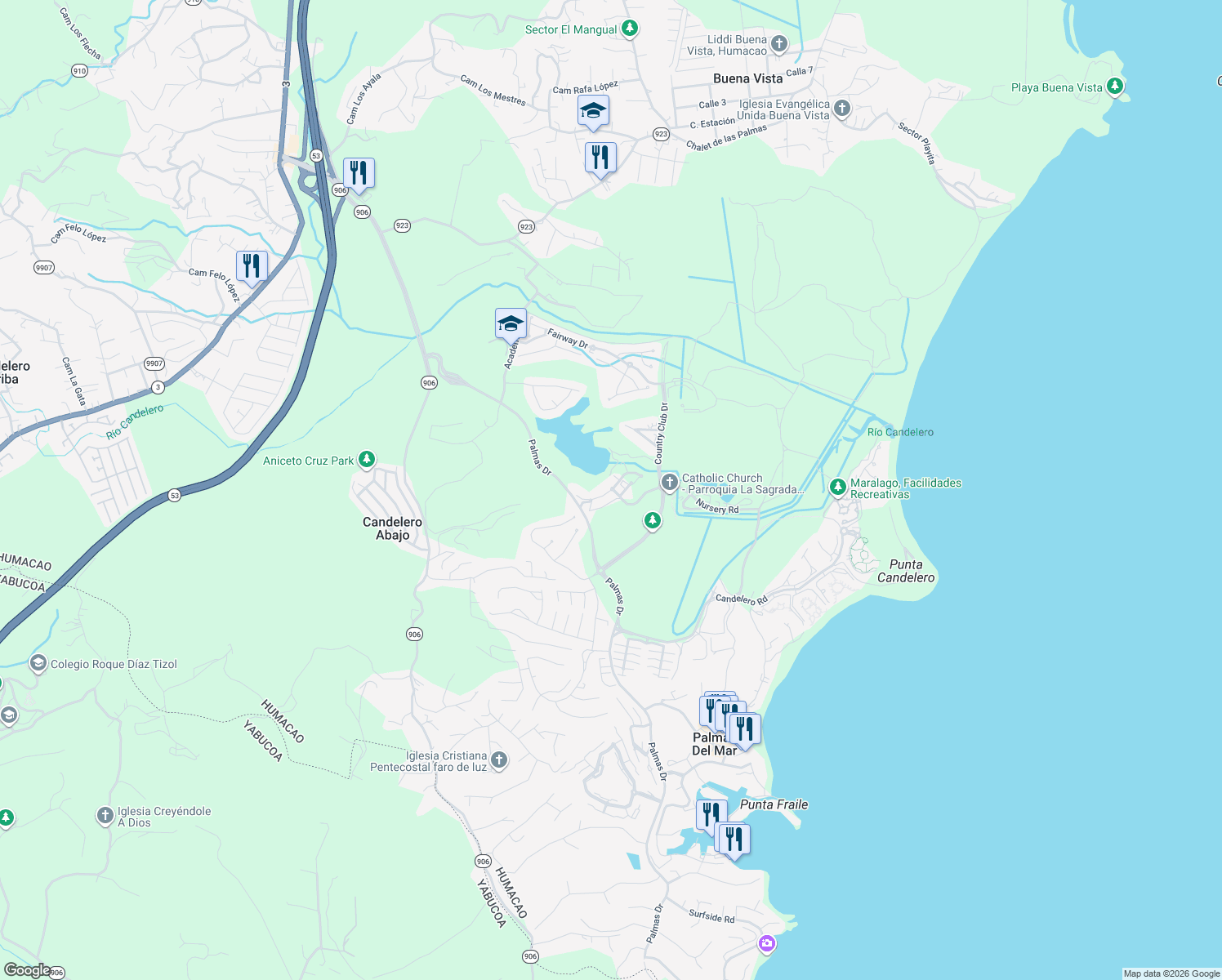 map of restaurants, bars, coffee shops, grocery stores, and more near in Palmas del Mar