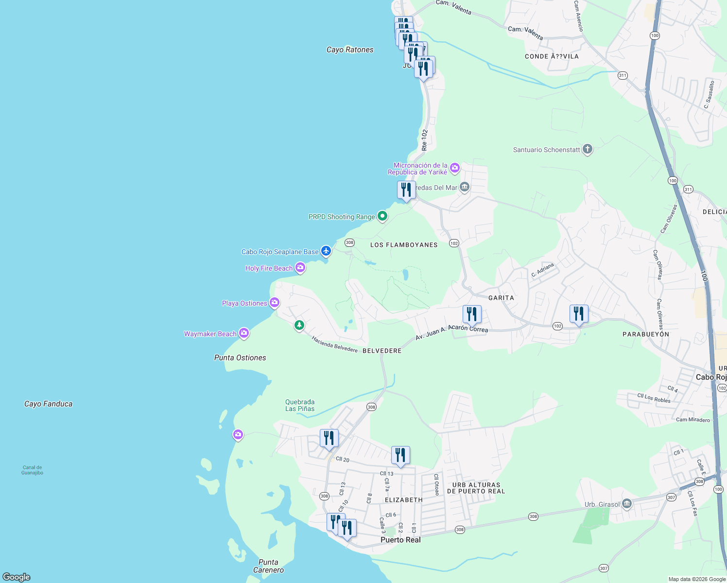 map of restaurants, bars, coffee shops, grocery stores, and more near Unnamed Road in Cabo Rojo