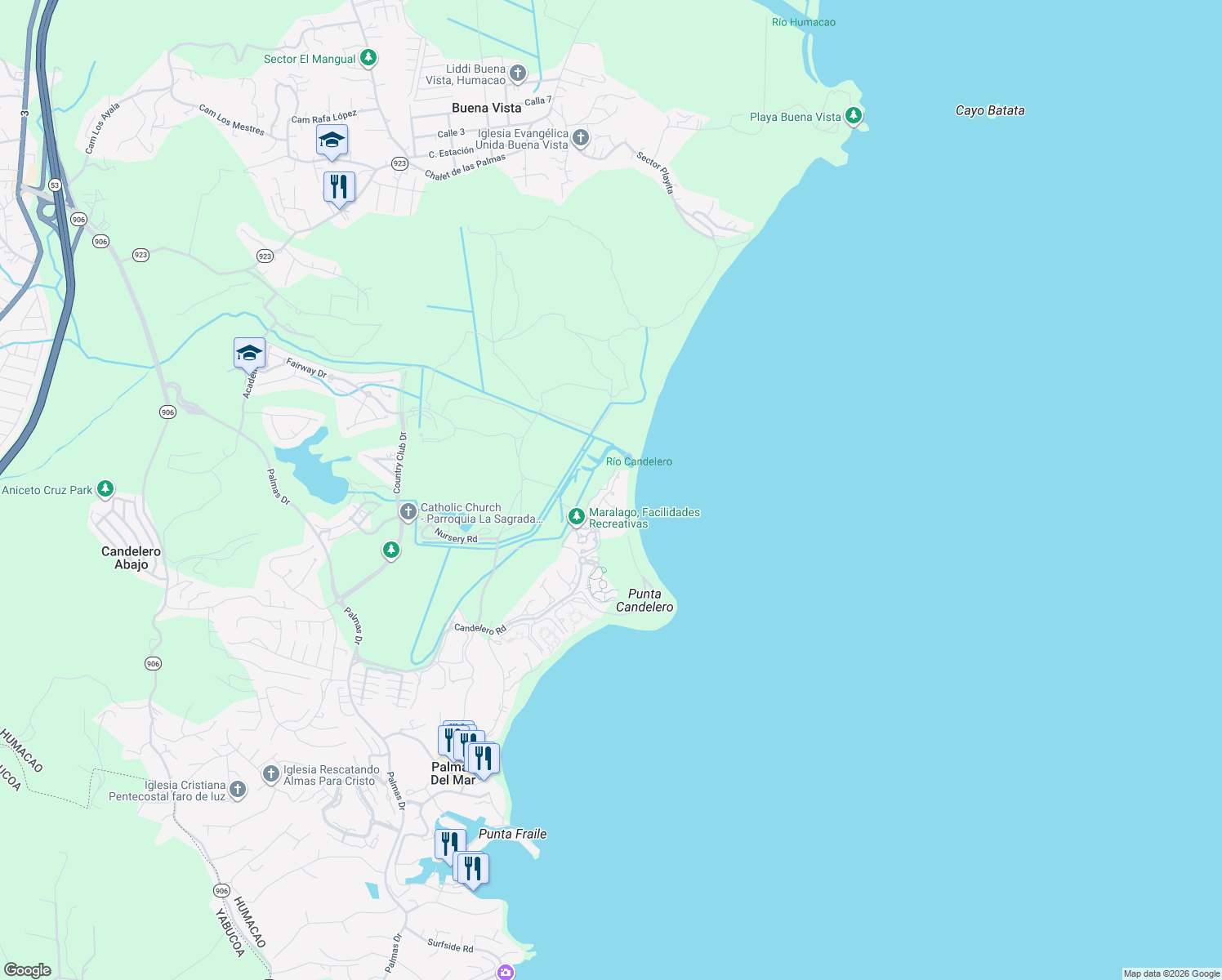 map of restaurants, bars, coffee shops, grocery stores, and more near Unnamed Road in Humacao