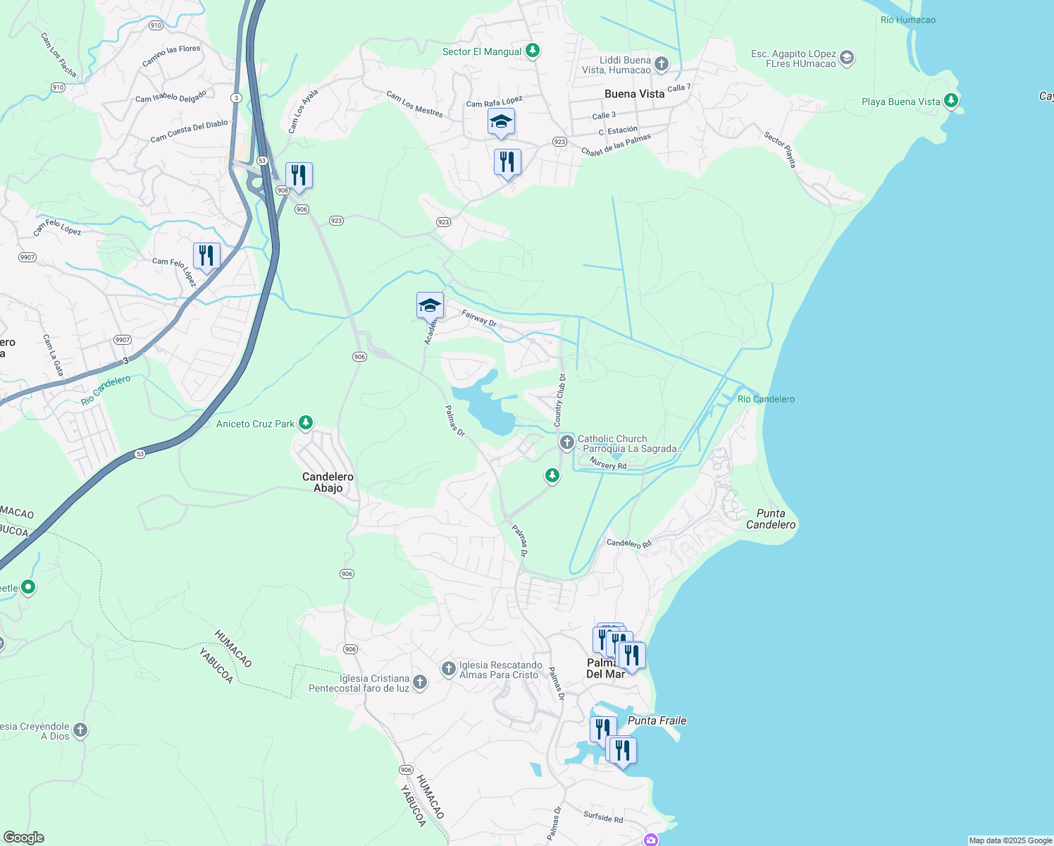map of restaurants, bars, coffee shops, grocery stores, and more near in Palmas del Mar