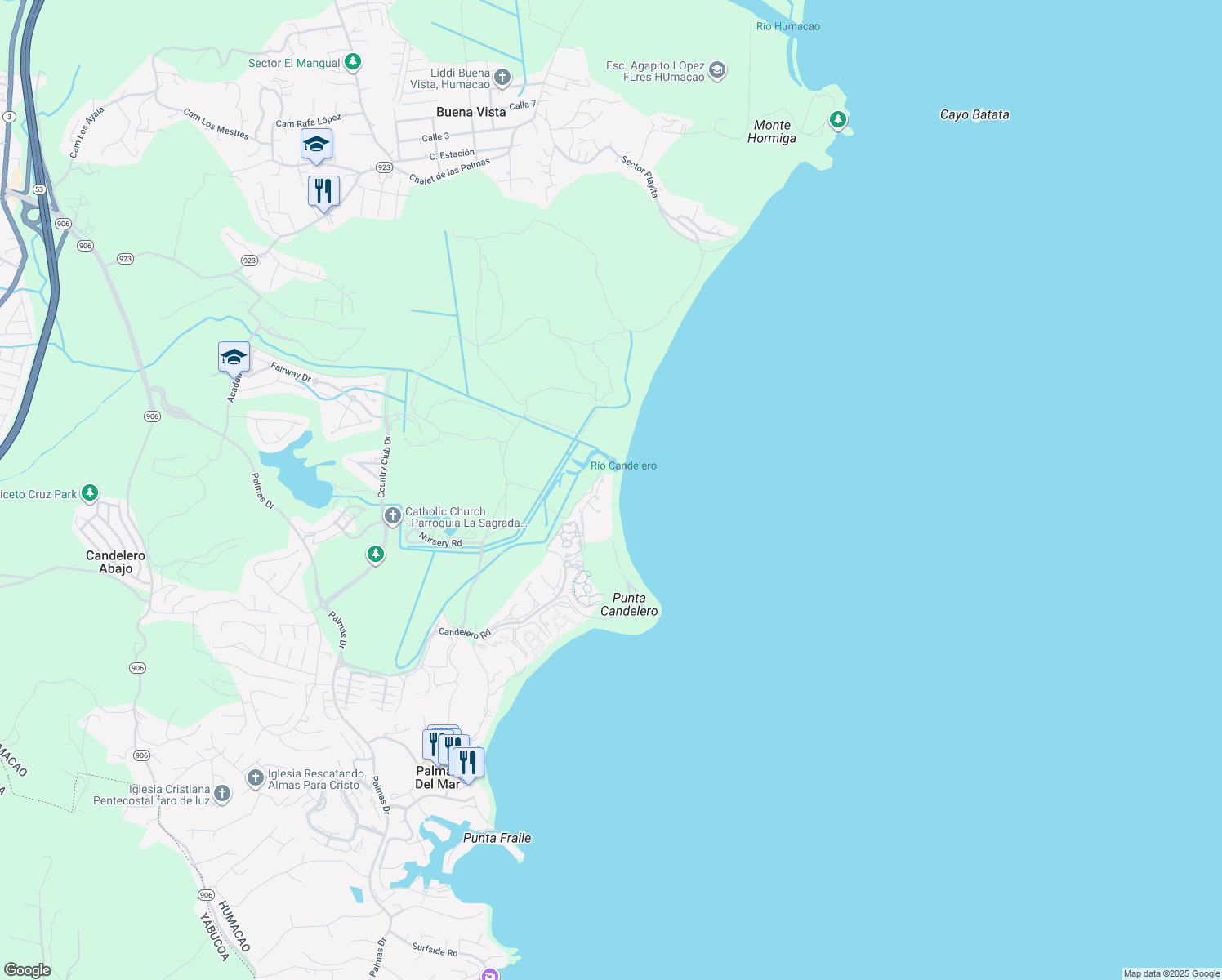 map of restaurants, bars, coffee shops, grocery stores, and more near in Candelero Abajo