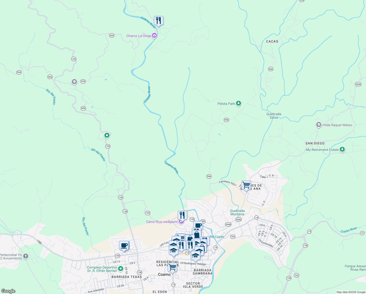 map of restaurants, bars, coffee shops, grocery stores, and more near Calle Ruiz Beluis in Coamo