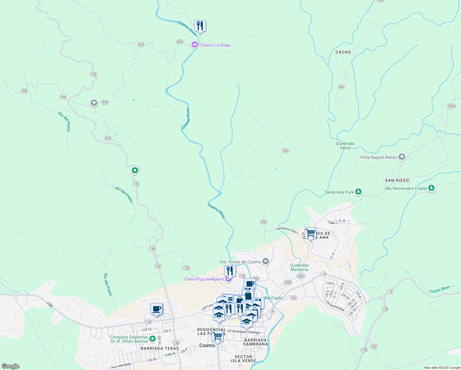 map of restaurants, bars, coffee shops, grocery stores, and more near Calle Ruiz Beluis in Coamo