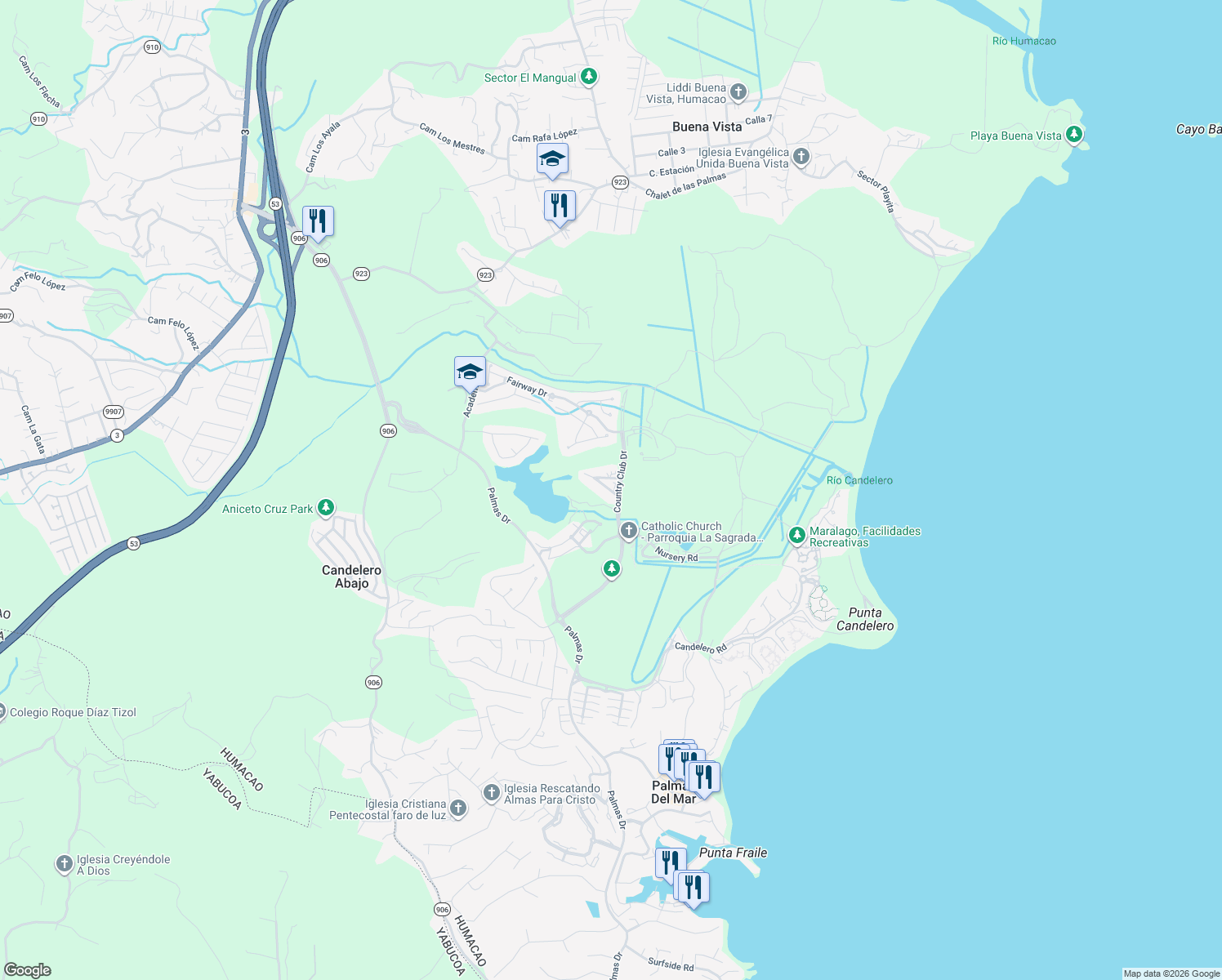 map of restaurants, bars, coffee shops, grocery stores, and more near in Palmas del Mar