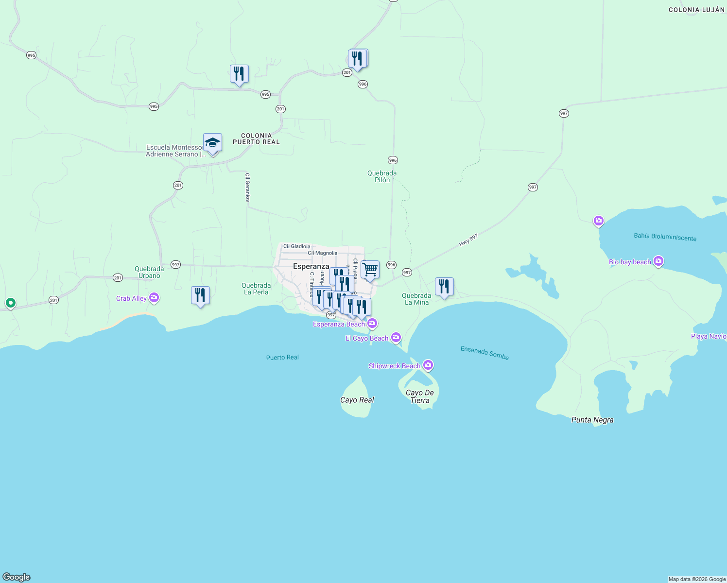 map of restaurants, bars, coffee shops, grocery stores, and more near Highway 997 in Vieques
