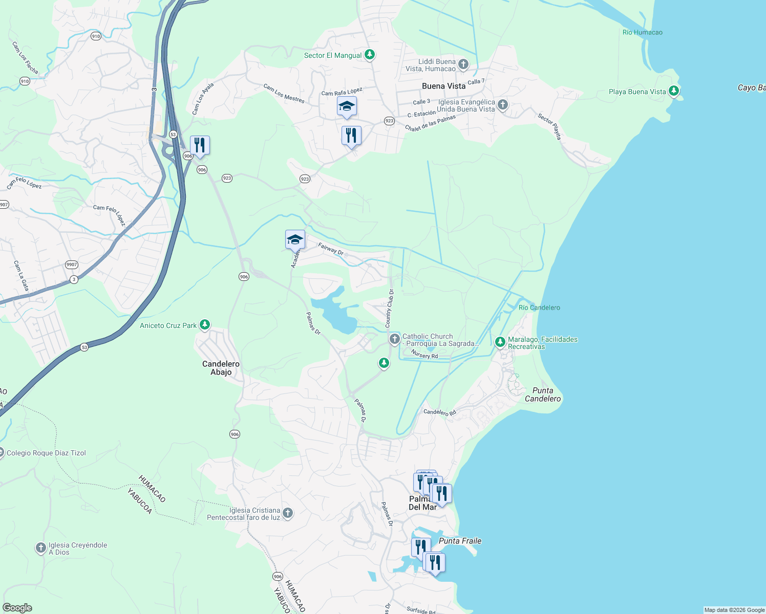 map of restaurants, bars, coffee shops, grocery stores, and more near in Palmas del Mar
