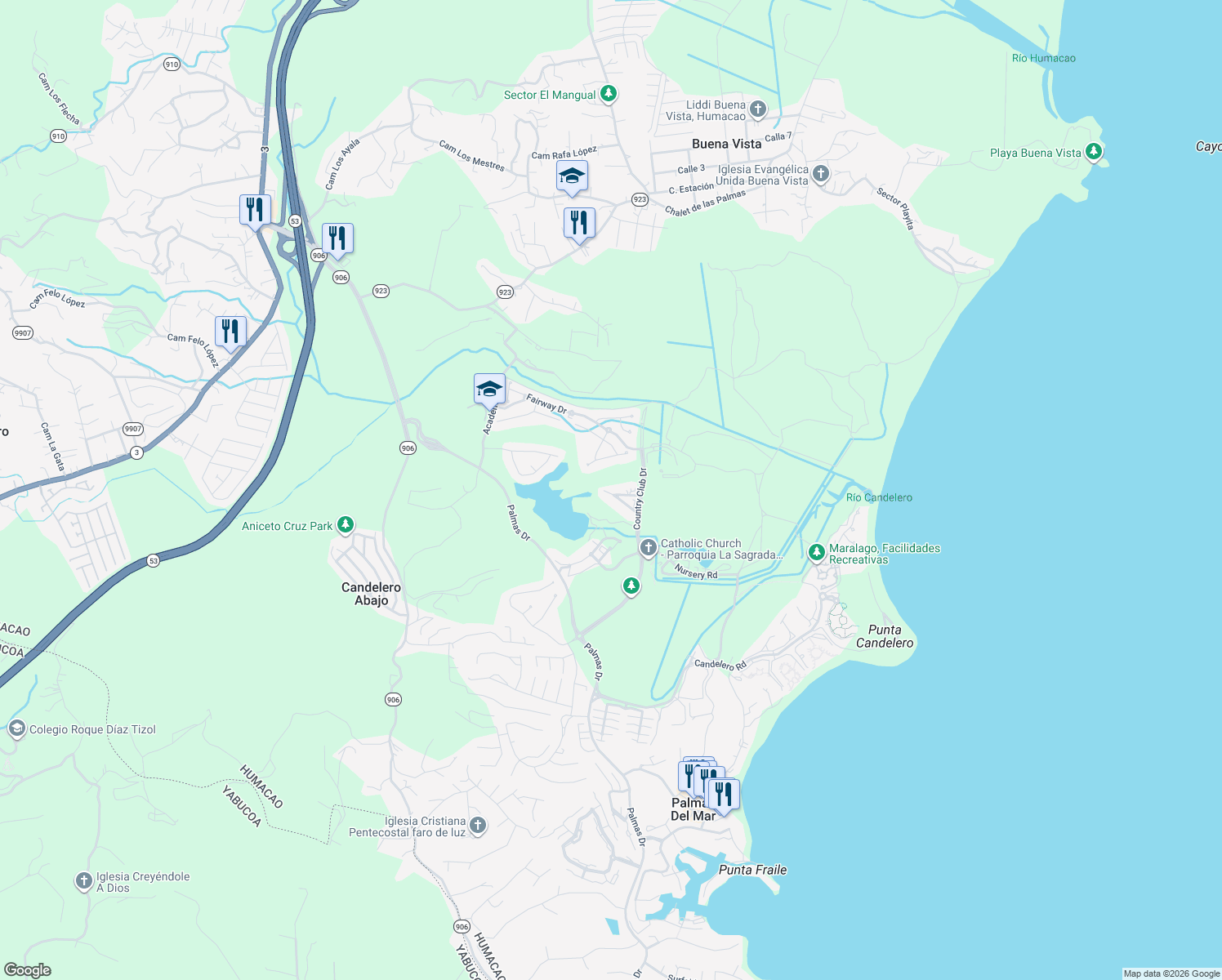 map of restaurants, bars, coffee shops, grocery stores, and more near Eagle Street in Humacao