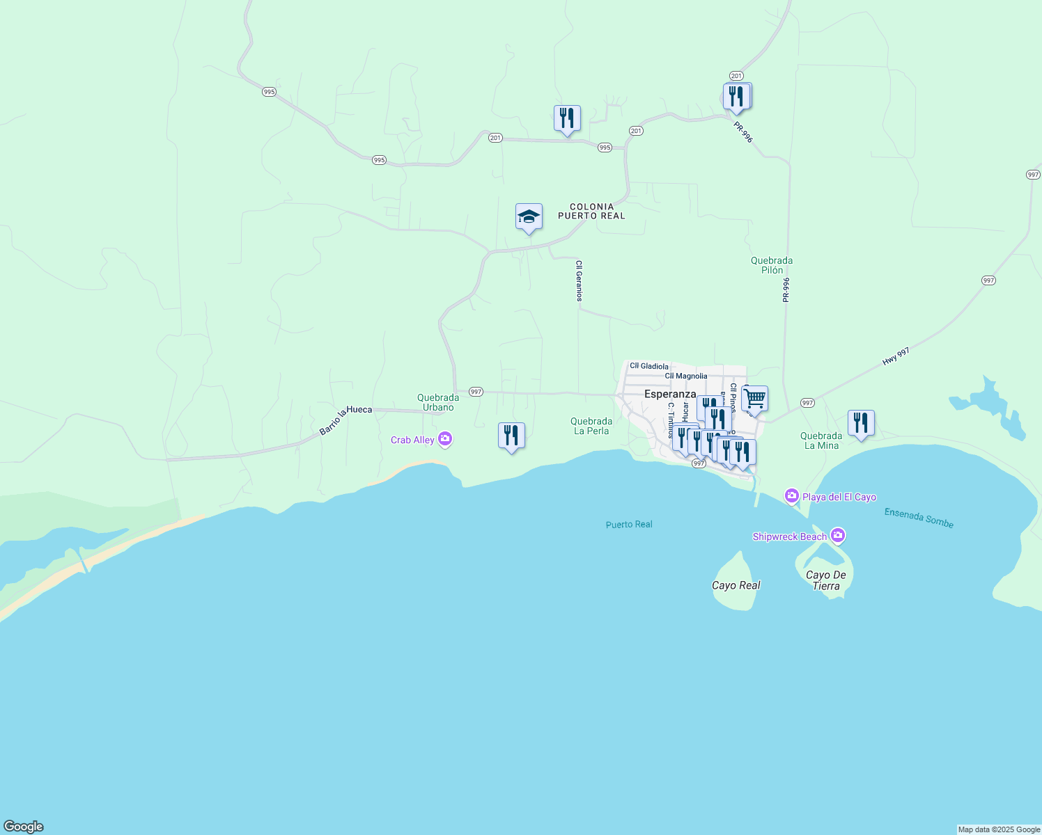 map of restaurants, bars, coffee shops, grocery stores, and more near Puerto Rico 997 in Vieques